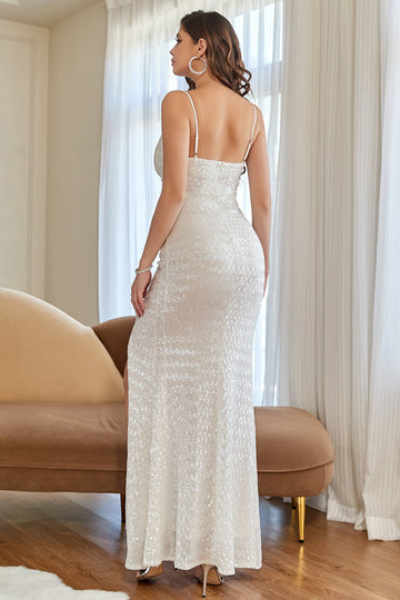 White Mermaid Sequins Ball Dress with Slit